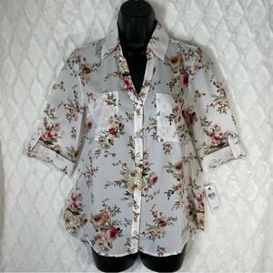 NWT iZ Byer Floral Button Down Collared Shirt Convertible Sleeves - Small